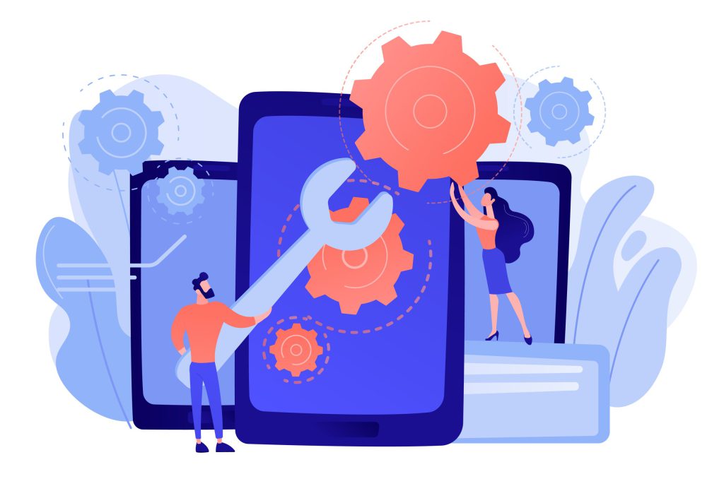 Service technicians with big wrench repairing smartphone screen with gears. Smartphone repair, cell phone service, same day repair concept. Pinkish coral bluevector isolated illustration